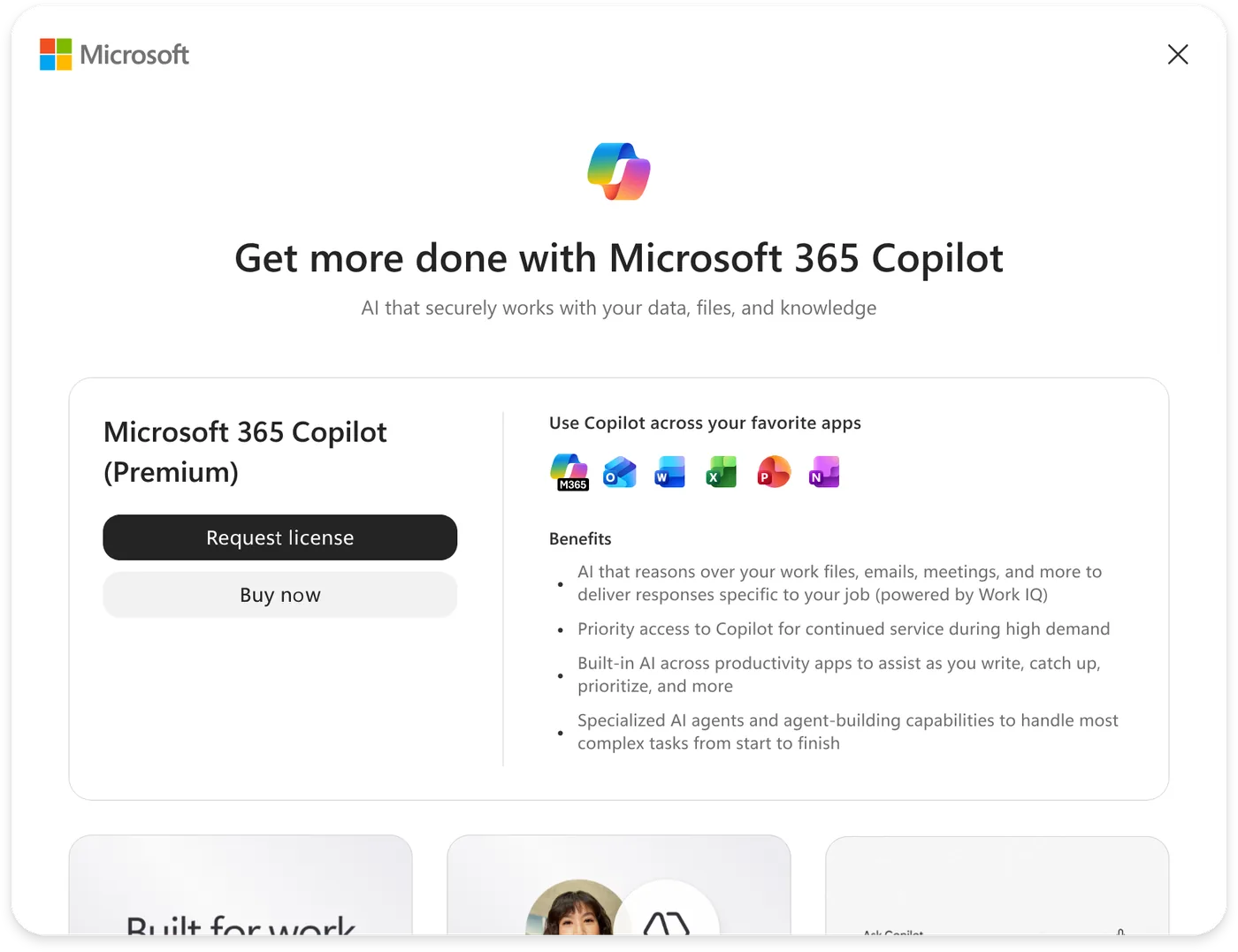 The Copilot upgrade dialog for a commercial user: Microsoft 365 Copilot (Premium) with a Request license action and a Buy now action, alongside the apps it works across and a list of benefits.