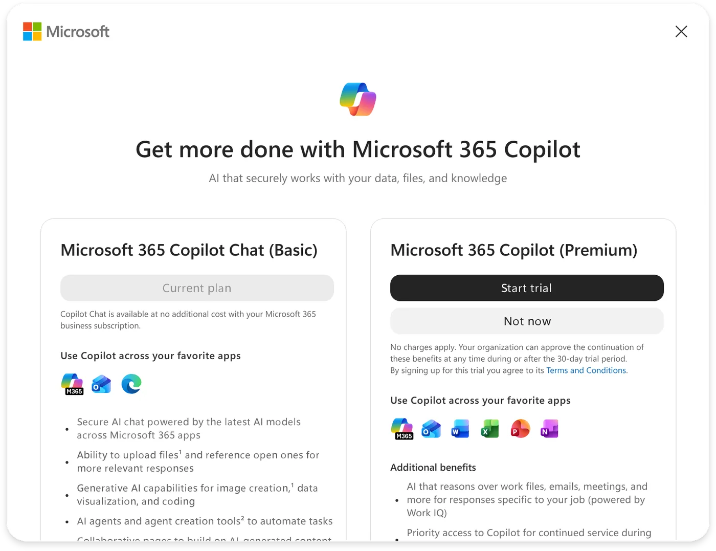 The Copilot plan comparison: Microsoft 365 Copilot Chat (Basic, current plan) next to Premium with a Start trial action, noting the organization can approve continuation after a 30-day trial.