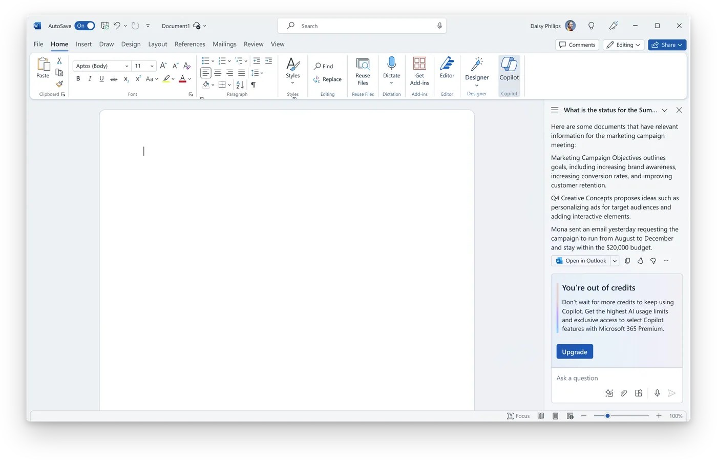 Word with the Copilot pane showing an 'You're out of credits' card, explaining Premium offers the highest AI usage limits, with an Upgrade button.