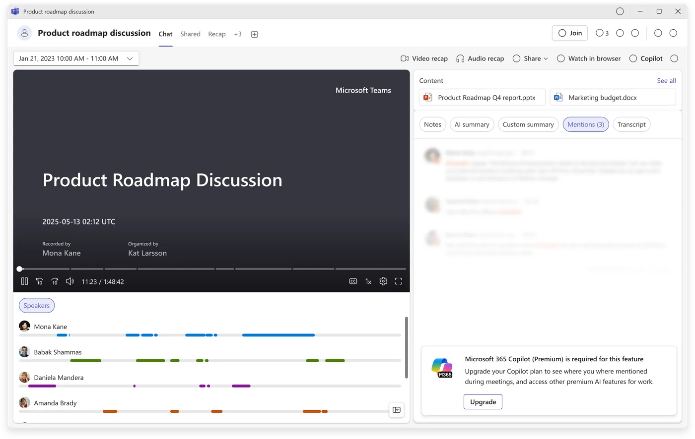 Teams Intelligent Recap prompting a premium upgrade to unlock the feature.