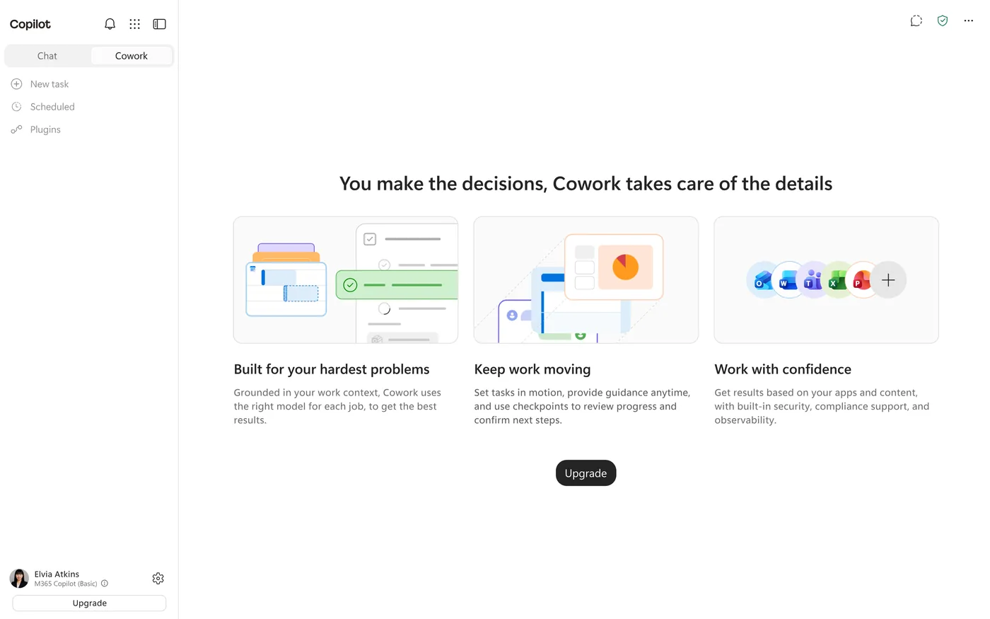 A persistent Upgrade call-to-action in the Copilot Cowork experience.