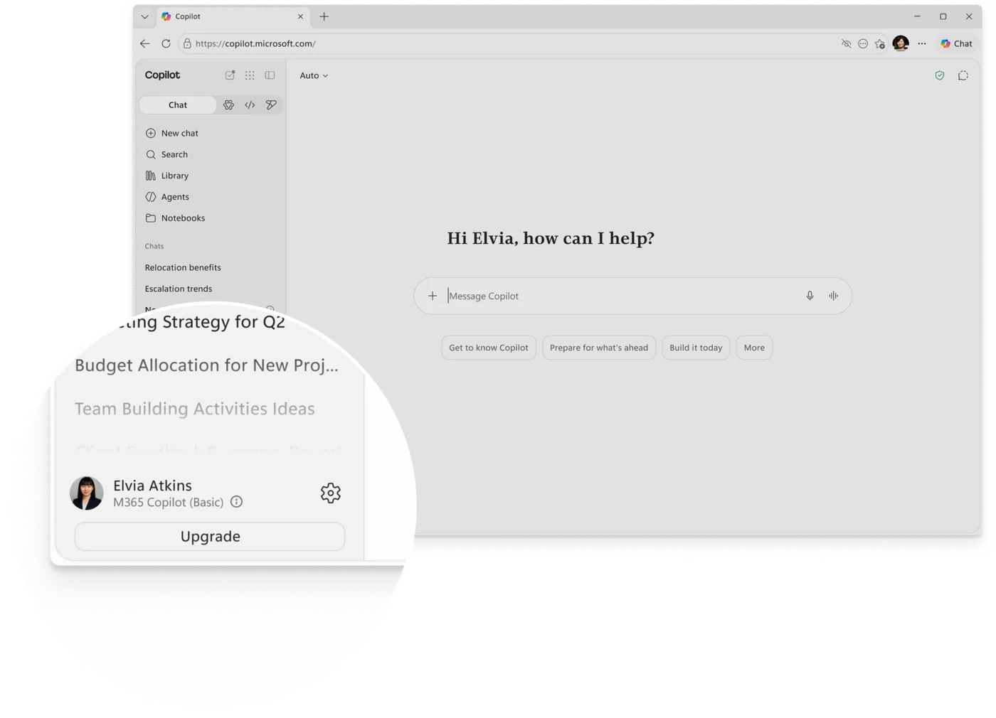 Persistent upsell in the left navigation: the plan name and Upgrade button, highlighted.