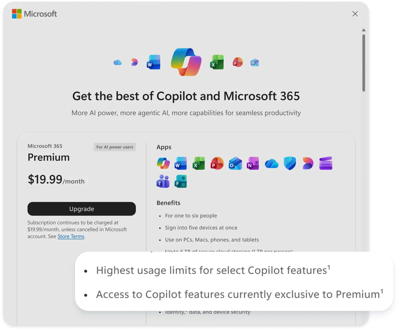 A close-up of the benefits emphasizing outcomes: highest usage limits for select Copilot features, and access to Copilot features currently exclusive to Premium.
