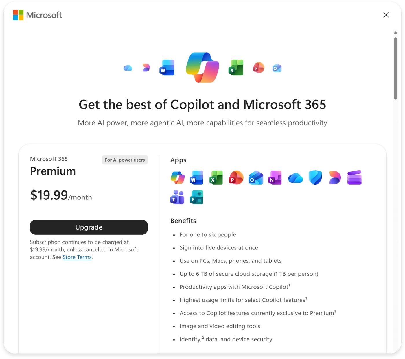 The Microsoft 365 Premium value screen: 'Get the best of Copilot and Microsoft 365', $19.99/month, the apps included, and an outcome-led benefits list.