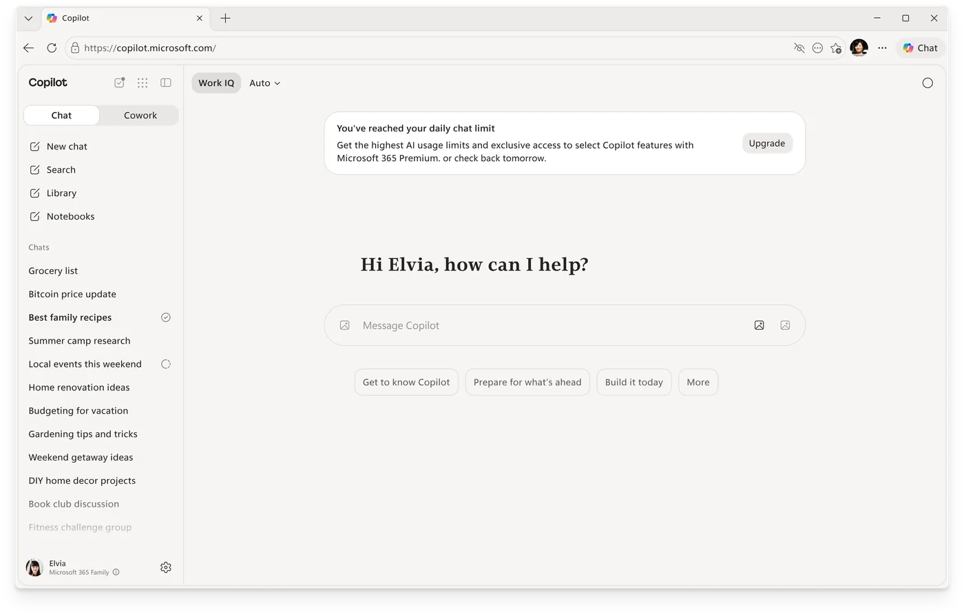 Copilot in Edge showing a 'You've reached your daily chat limit' notice offering the highest usage limits with Microsoft 365 Premium, with an Upgrade button.