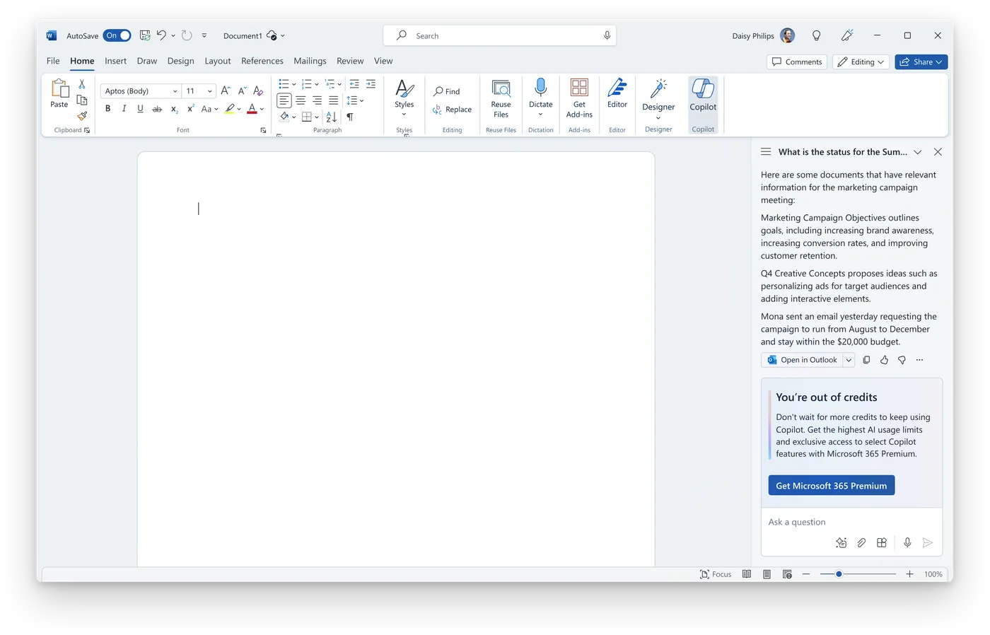 Word with the Copilot pane showing a 'You're out of credits' card offering Microsoft 365 Premium, with a Get Microsoft 365 Premium button.
