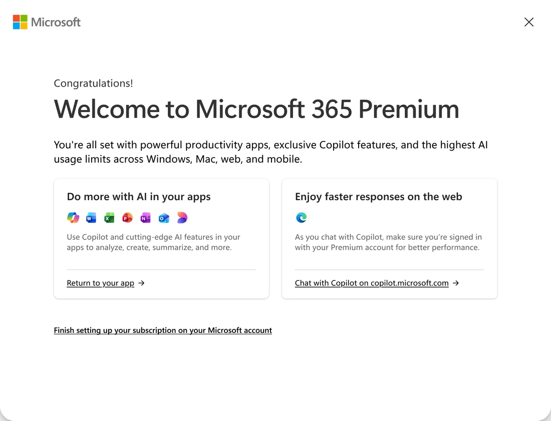 A welcome screen: 'Congratulations! Welcome to Microsoft 365 Premium', with guided next steps: do more with AI in your apps, and enjoy faster Copilot responses on the web.