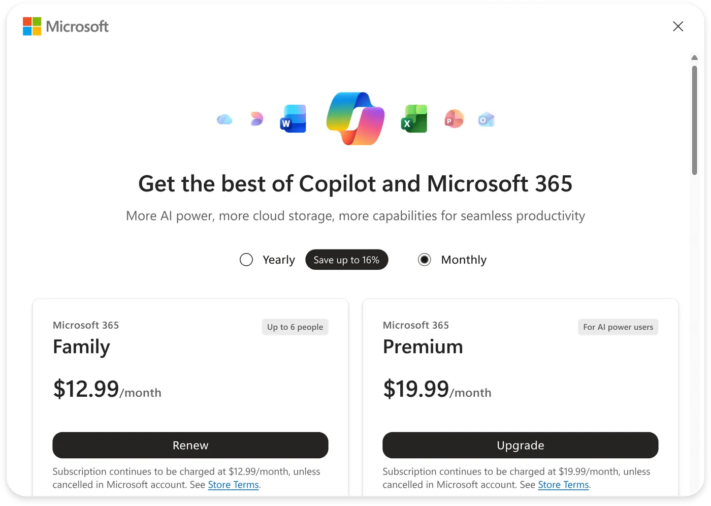 An existing-subscriber view: a Family plan with a Renew action next to Premium with an Upgrade action, handling the migration path between plans.