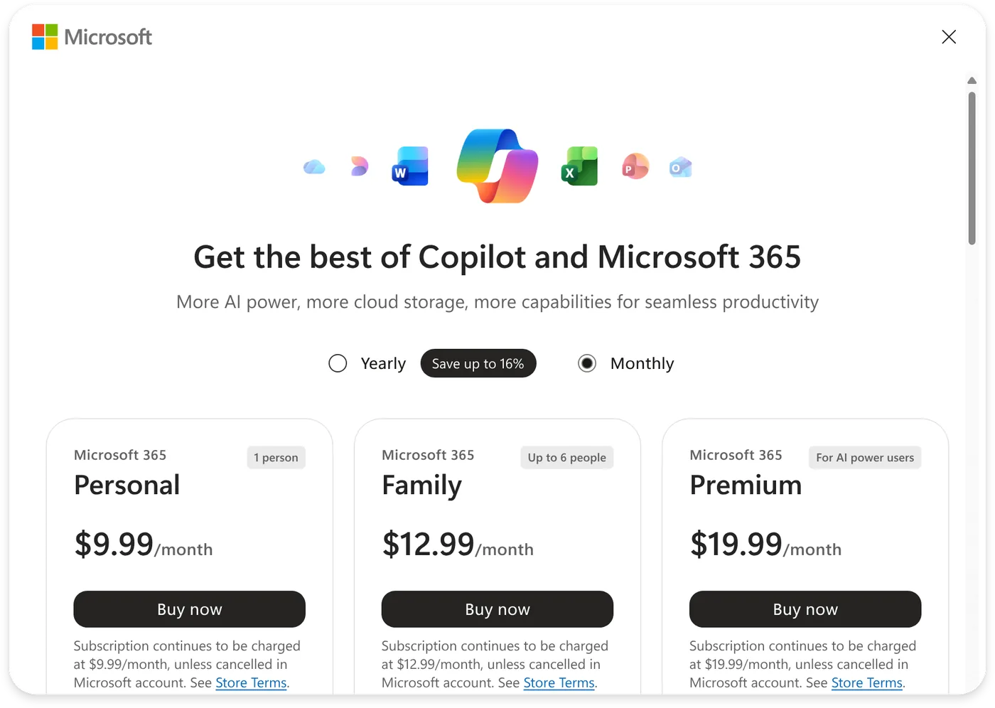 The plan-comparison surface: Microsoft 365 Personal, Family, and Premium side by side with a monthly/yearly toggle and Buy now actions.