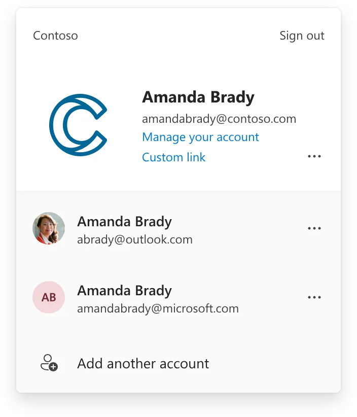 The existing commercial Me Control: a Contoso account header for Amanda Brady with Manage your account and a custom link, followed by an account-switching list and Add another account. No plan or benefits shown.