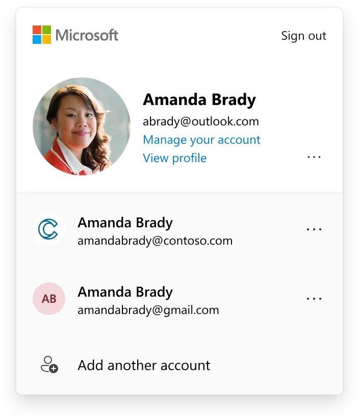 The existing consumer Me Control: a Microsoft account header for Amanda Brady with Manage your account and View profile, followed by an account-switching list (Contoso, Gmail) and Add another account. No plan or benefits shown.