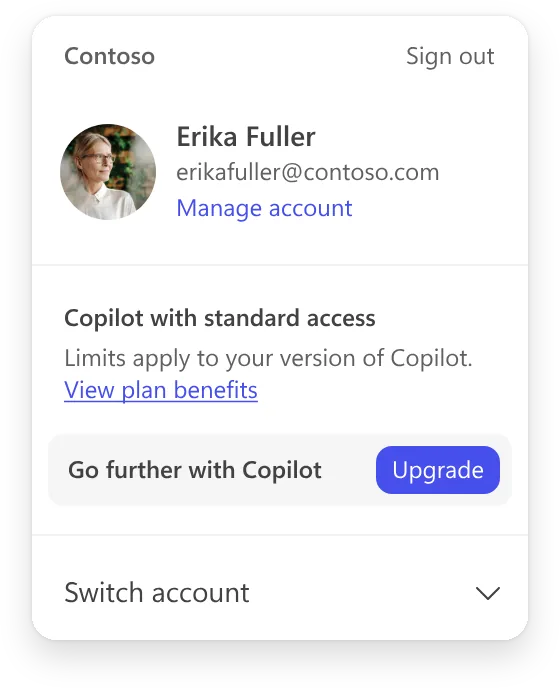Me Control for a Commercial Free user on the Contoso org: account header, the current plan (Copilot with standard access, limits apply) with View plan benefits, a 'Go further with Copilot' upsell with an Upgrade button, and Switch account.