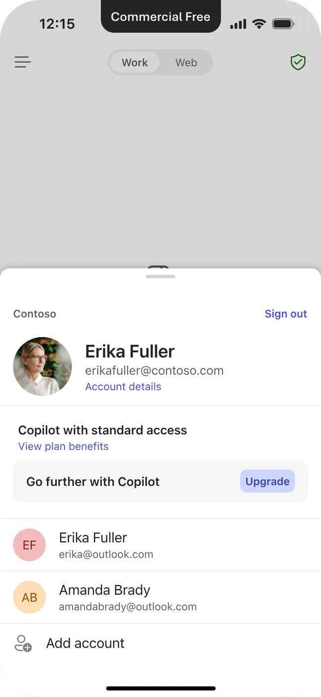 The Me Control on mobile for a Commercial Free user on the Contoso org, a bottom sheet showing Copilot with standard access, a 'Go further with Copilot' upsell with Upgrade, and the account-switching list.