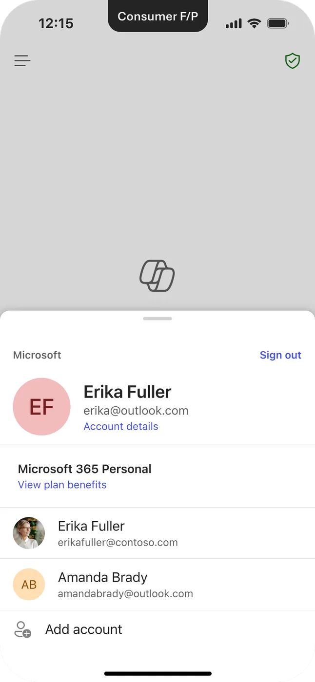 The Me Control on mobile for a Consumer Personal & Family user, a bottom sheet over the app, showing the account, Microsoft 365 Personal with View plan benefits, and the account-switching list (Erika Fuller, Amanda Brady, Add account).