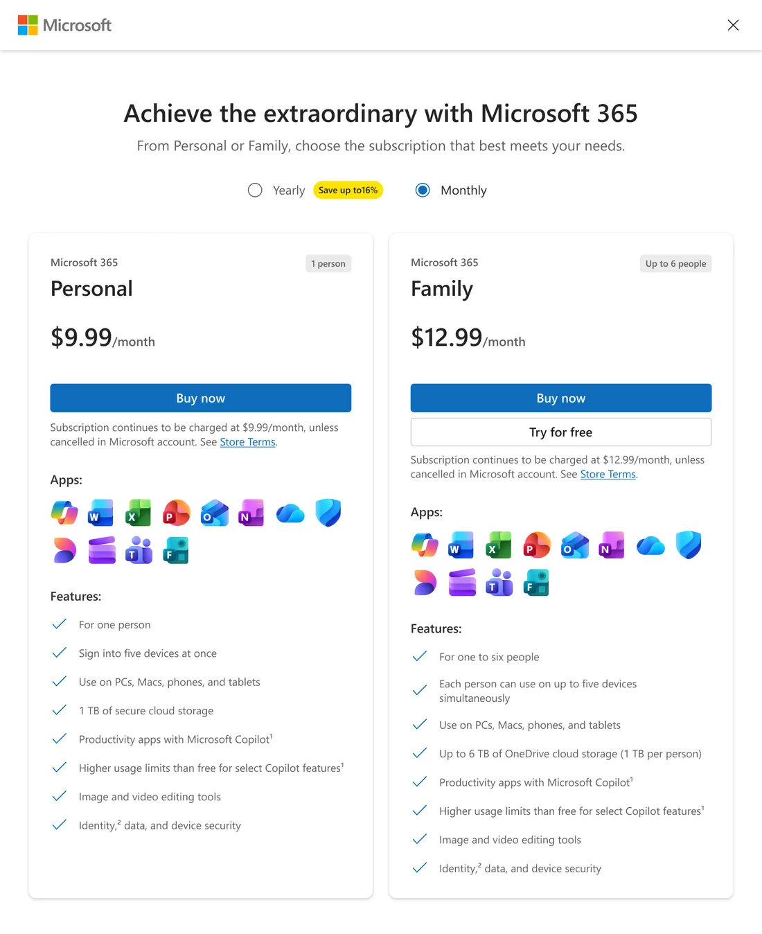The original Microsoft 365 plan-comparison dialog, one generic experience shown identically across every product, with no contextual theming.