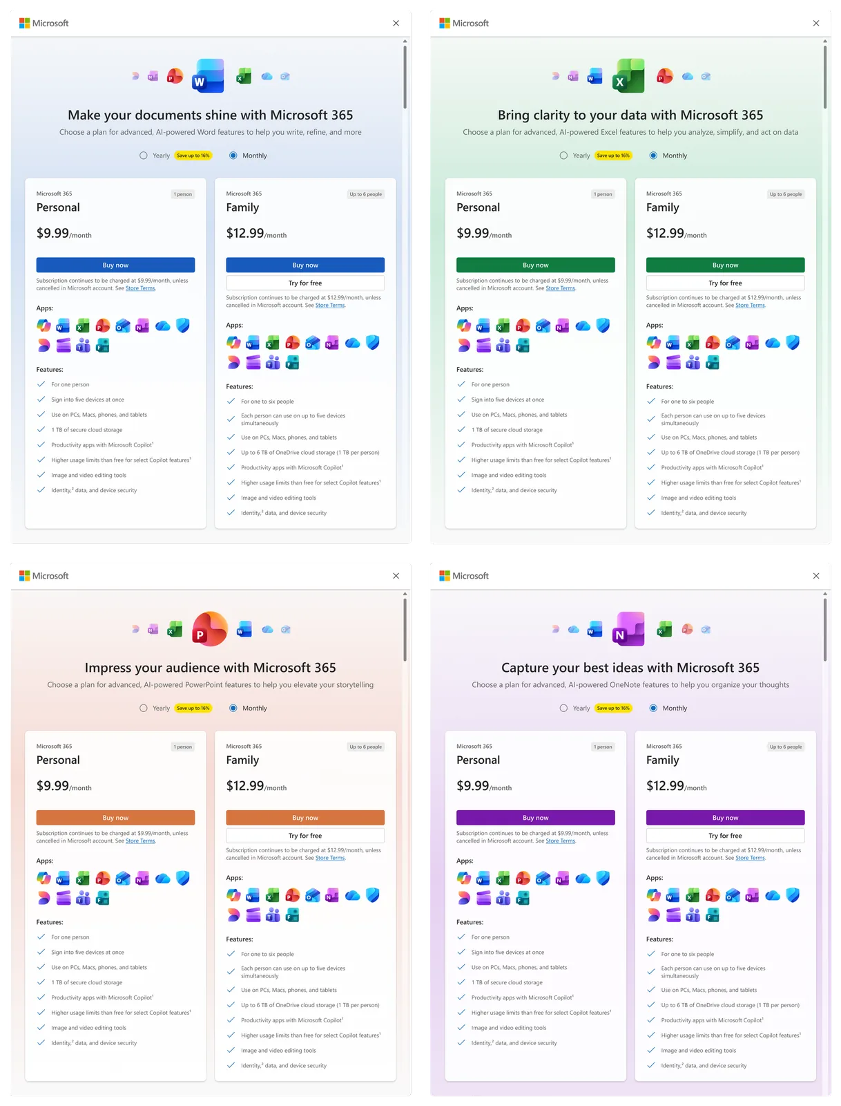 The same plan-comparison dialog re-themed for four apps: Word (blue), Excel (green), PowerPoint (orange), and OneNote (purple), each with its own hero icon, headline, and accent color.